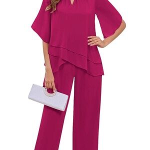 Bonoyuer 2 piece dressy chiffon  pant suit for women with sleeves, sequin trim